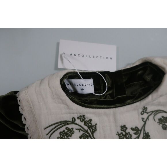 Ali Specials Green Velour Romper Cream Embroidered Bib Toddler Girls 3T NWT - Picture 4 of 4